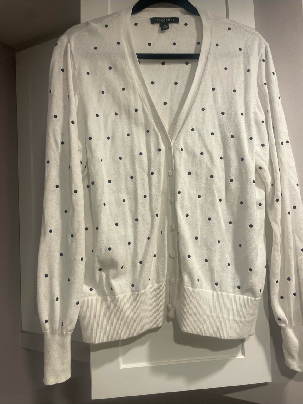 Foxcroft White Cardigan with Navy Polka Dots
